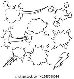 Speed Hand Drawn Fast Motion Clouds, Smoke Blast Or Puff Cloud Motions. Doodle Air Wind Storm Blow Explosion With Cartoon Drawing Style Vector