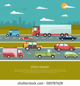 Speed highway design concept with view side of different types of passenger cars and trucks flat vector illustration 