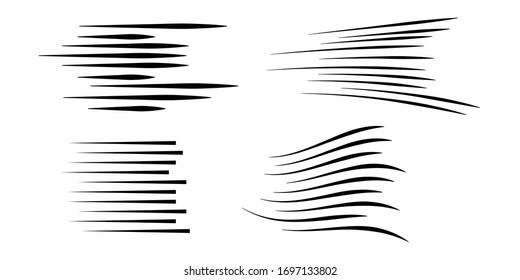 Speed ​​lines. Horizontal lines of various thicknesses. Set of vector illustrations. Linear drawing of various intensities. Technology Logo. Design element. Abstract Geometric shape. EPS 10.