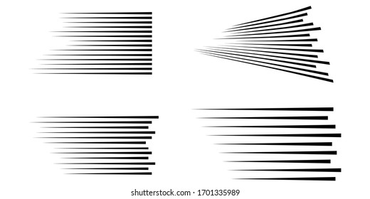 Speed ​​lines. Horizontal lines of various thicknesses. Set of vector illustrations. Linear drawing of various intensities. Technology Logo. Design element. Abstract Geometric shape. EPS 10.