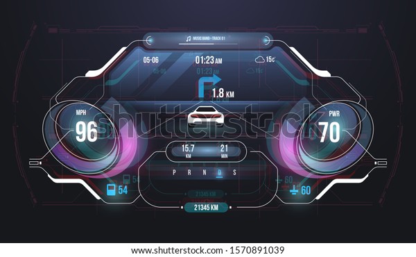 Speed hud\
kilometer performance indicators dashboard. Car Instrument Panel.\
Tachometer, Data Display and Navigation. Virtual graphical\
interface Ui HUD Autoscann. Virtual\
graphic.