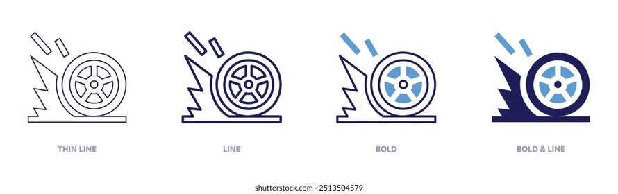 Icono de velocidad en 4 estilos diferentes. Línea delgada, línea, negrita y línea negrita. Estilo duotono. Trazo editable.