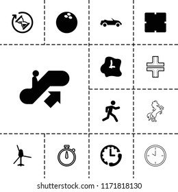 Speed icon. collection of 13 speed filled and outline icons such as escalator up, clock, running, wall clock, hourglass, stopwatch. editable speed icons for web and mobile.