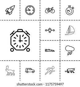 Speed icon. collection of 13 speed outline icons such as panther, bicycle, electricity, delivery car, clock, stopwatch, thunderstorm. editable speed icons for web and mobile.
