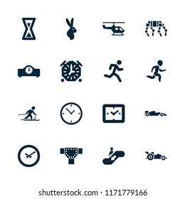 Speed icon. collection of 16 speed filled icons such as road, skiing, sport car, helicopter, wall clock, hourglass, clock, stopwatch. editable speed icons for web and mobile.