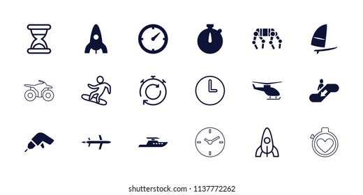 Speed icon. collection of 18 speed filled and outline icons such as rocket, drill, clock, windsurfing, plane, stopwatch, snowboard. editable speed icons for web and mobile.