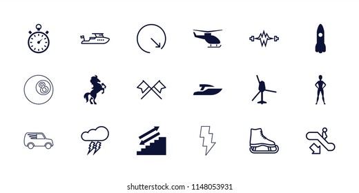 Speed icon. collection of 18 speed filled and outline icons such as stopwatch, helicopter, escalator down, boat, stairs, rocket. editable speed icons for web and mobile.