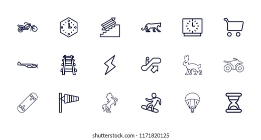 Speed icon. collection of 18 speed outline icons such as escalator up, wind cone, helicopter, panther, shopping cart, stairs, railway. editable speed icons for web and mobile.