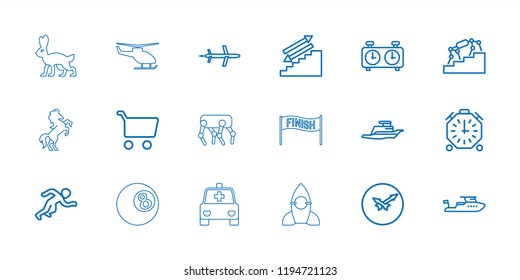 Speed icon. collection of 18 speed outline icons such as boat, shopping cart, stairs, ship, running, wall clock, clock, stopwatch. editable speed icons for web and mobile.