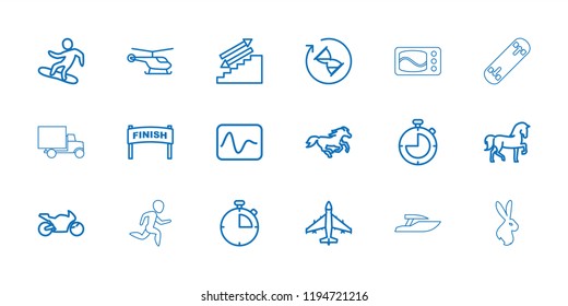 Speed icon. collection of 18 speed outline icons such as helicopter, horse, stairs, finish, electricity, snowboard, motorbike. editable speed icons for web and mobile.