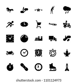 Speed icon. collection of 25 speed filled icons such as escalator up, helicopter, exercising, bowling ball, thunderstorm, snow board. editable speed icons for web and mobile.