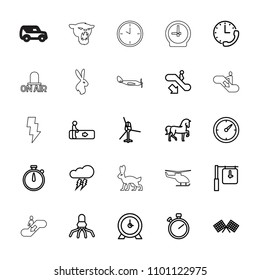 Speed icon. collection of 25 speed outline icons such as escalator, escalator down, horse, clock, stopwatch, rocket, finish flag. editable speed icons for web and mobile.