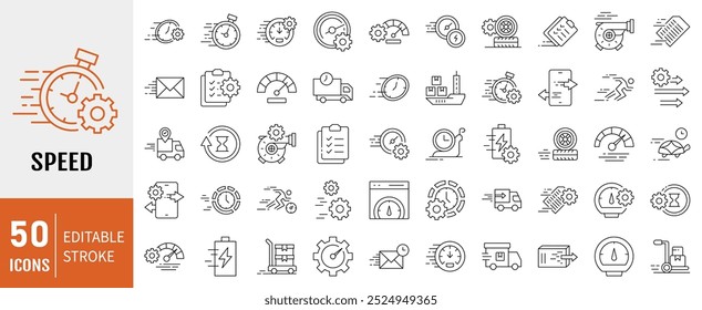 Icono de velocidad colección. Contiene iconos rápidos, lentos, de movimiento, indicador, turbo, velocidad, productividad y velocímetro. Ilustración vectorial de línea simple