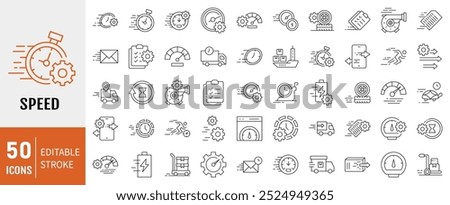 Speed icon collection. Containing fast, slow, movement, indicator, turbo, speeding, productivity and speedometer icons. Simple line vector illustration