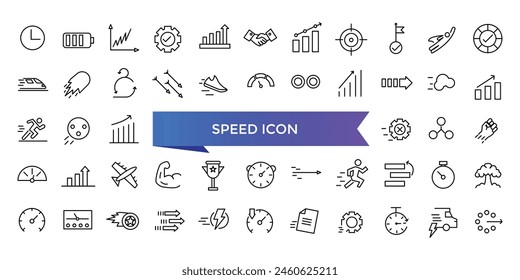 Speed icon collection. Related to fast, slow, movement, productivity, indicator, turbo, speeding, gauge, express and speedometer icons set.