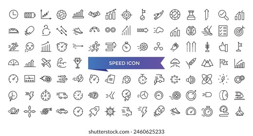 Speed icon collection. Related to fast, slow, movement, productivity, indicator, turbo, speeding, gauge, express and speedometer icons set.