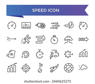 Speed icon collection. Related to fast, slow, movement, productivity, indicator, turbo, speeding, gauge, express and speedometer icons set.