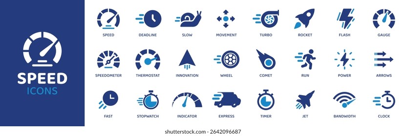 Speed - Icon Collection. Thin Line Set contains such Icons as Speed, Fast, Quick, Zoom, Dash, Sprint, Race and more. Simple web icons set.
