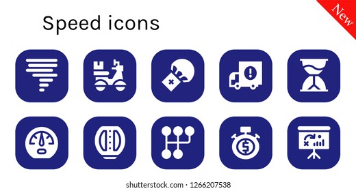  speed icon set. 10 filled speed icons. Simple modern icons about  - Tornado, Delivery, Parachute, Delivery truck, Hourglass, Dashboard, Pedal, Gearshift, Stopwatch