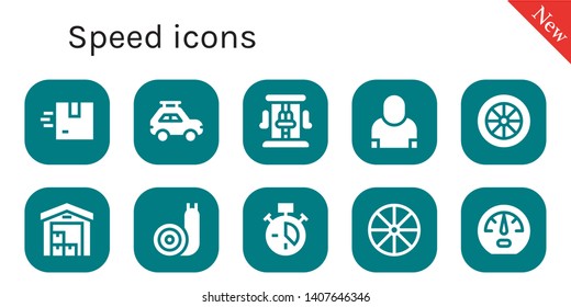 speed icon set. 10 filled speed icons.  Simple modern icons about  - Delivery, Car, Roller coaster, Salesman, Wheel, Snail, Clock, Dashboard