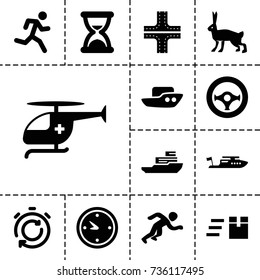 Speed icon. set of 13 filled speed icons such as rabbit, road, boat, medical helicopter, clock, steering wheel, running, hourglass, stopwatch, express delivery