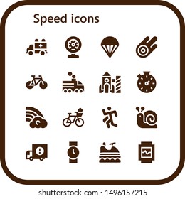 speed icon set. 16 filled speed icons.  Simple modern icons about  - Ambulance, Meter, Parachute, Asteroid, Bike, Train, Rocket, Stopwatch, Rainbow, Bicycle, Run, Snail, Delivery truck