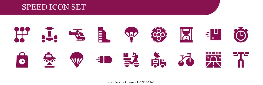 speed icon set. 18 filled speed icons.  Collection Of - Gearshift, Scooter, Helicopter, Waterpark, Parachute, Wheel, Hourglass, Delivery, Stopwatch, Car, Missile, Van, Bike, Road