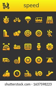 speed icon set. 26 filled speed icons. Included Clock, Delivery, Bike, Parachute, Transportation, Road, Waterpark, Brake disc, Bicycle, Run, Rainbow, Cargo ship, Speedometer icons