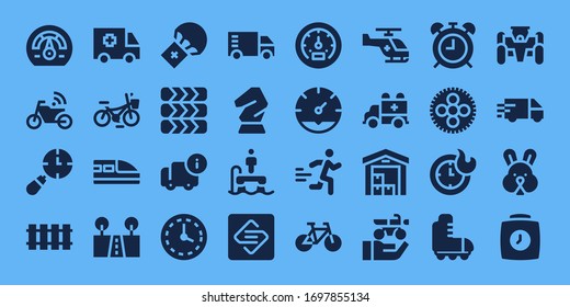 speed icon set. 32 filled speed icons. Included Speedometer, Motorbike, Clocks, Railway, Ambulance, Bicycle, Train, Street, Parachute, Tires, Delivery, Wall clock, Truck icons