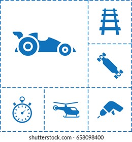 Speed icon. set of 6 speed filled icons such as helicopter, drill, railway, stopwatch, skate board