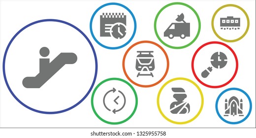 speed icon set. 9 filled speed icons.  Simple modern icons about  - Escalator, Deadline, Van, Time, Accident, Subway, Clocks, Train, Rocket ship