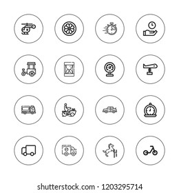 Speed icon set. collection of 16 outline speed icons with bicycle, car, clock, delivery truck, horse, helicopter, hourglass, meter, plane, stopwatch, time, train, wheel icons.