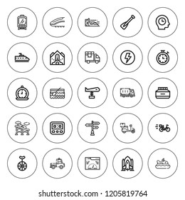 Speed icon set. collection of 25 outline speed icons with boat, clock, delivery bike, flash, delivery truck, falling debris, plane, rowing, road sign icons. editable icons.