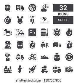 speed icon set. Collection of 32 filled speed icons included Ambulance, Delivery truck, Car, Rocket, Flash, Boat, Clocks, Ship, Shoe, Bicycle, Van, Delivery, Stop watch, Truck