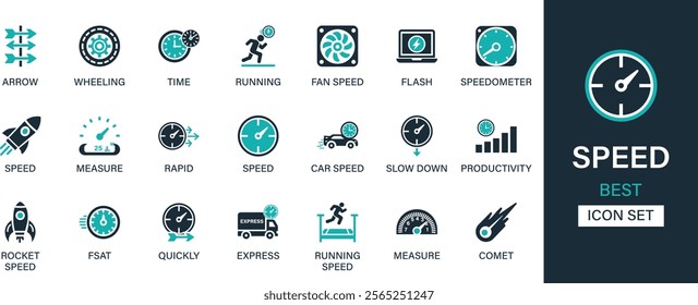 Speed icon set collection. Arrow, wheeling, time, running, fun speed, flash, speedometer, speed, measure, rapid, car, slow down and best solid icon set.