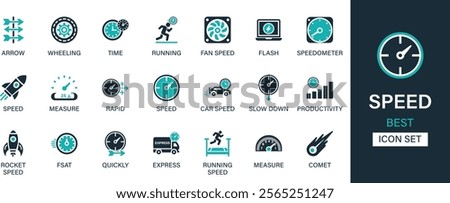 Speed icon set collection. Arrow, wheeling, time, running, fun speed, flash, speedometer, speed, measure, rapid, car, slow down and best solid icon set.