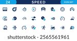 Speed icon set. Containing fast, slow, movement, productivity, indicator, turbo, speeding, gauge, express and speedometer icons. Solid icon collection. Vector illustration.