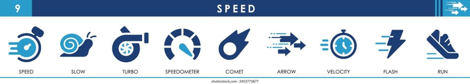 Speed icon set. Containing fast, slow, movement and so on. Flat fast icons.