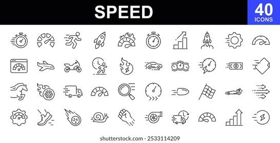 Geschwindigkeitssymbolsatz. Enthält schnelle, langsame, Bewegung, Produktivität, Indikator, Turbo, Geschwindigkeit, Gauge, Express-und Tachometer-Symbole. Symbol für Geschwindigkeit. Vektorgrafik