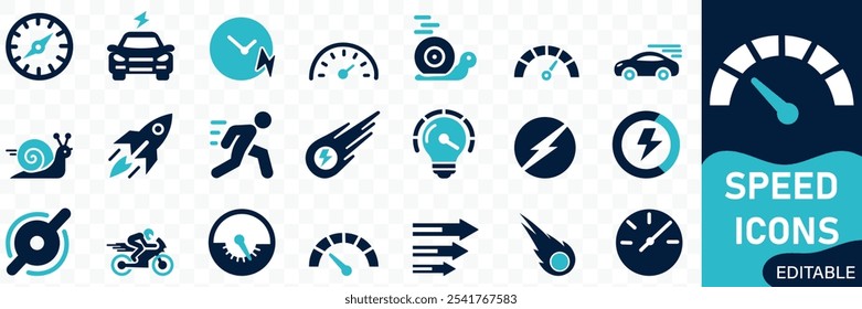 Speed icon set. Containing fast, slow, movement, productivity, indicator,  Solid flat vector icons collection 