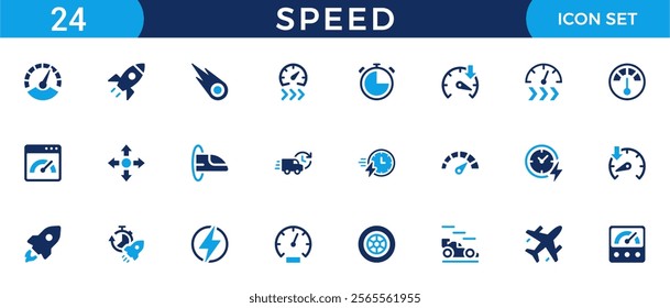 Speed icon set. Containing fast, slow, movement, productivity, indicator, turbo, speeding, gauge, express and speedometer icons. Solid icon collection. Vector illustration.