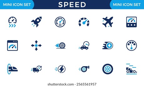 Speed icon set. Containing fast, slow, movement, productivity, indicator, turbo, speeding, gauge, express and speedometer icons. Solid icon collection. Vector illustration.