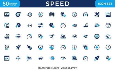 Speed icon set. Containing fast, slow, movement, productivity, indicator, turbo, speeding, gauge, express and speedometer icons. Solid icon collection. Vector illustration.