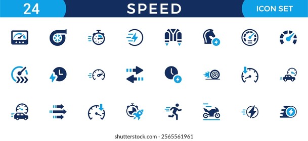 Speed icon set. Containing fast, slow, movement, productivity, indicator, turbo, speeding, gauge, express and speedometer icons. Solid icon collection. Vector illustration.