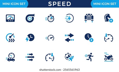 Speed icon set. Containing fast, slow, movement, productivity, indicator, turbo, speeding, gauge, express and speedometer icons. Solid icon collection. Vector illustration.