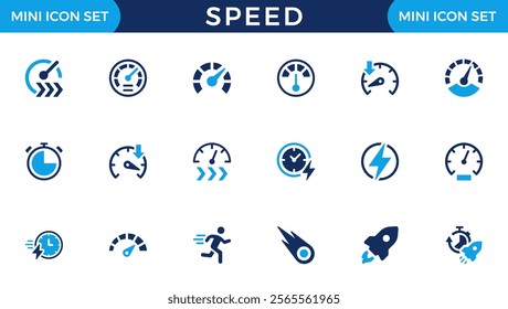 Speed icon set. Containing fast, slow, movement, productivity, indicator, turbo, speeding, gauge, express and speedometer icons. Solid icon collection. Vector illustration.