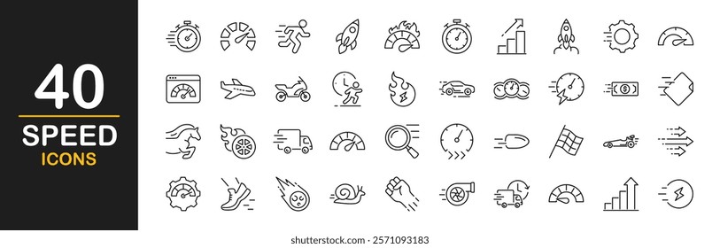 Speed icon set. Containing fast, slow, movement, productivity, indicator, turbo, speeding, gauge, express and speedometer icons. speed icon collection. Vector illustration