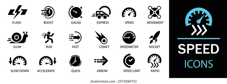 Speed icon set. Containing fast, slow, movement, productivity, indicator, turbo, speeding, gauge, express and speedometer icons. A well organized collection of adaptable solid vector icons