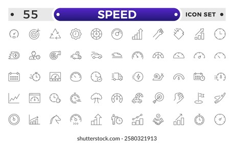 Speed icon set. Containing fast, slow, movement, productivity, indicator, turbo, speeding, gauge, express and speedometer icons. Outline icon collection.
