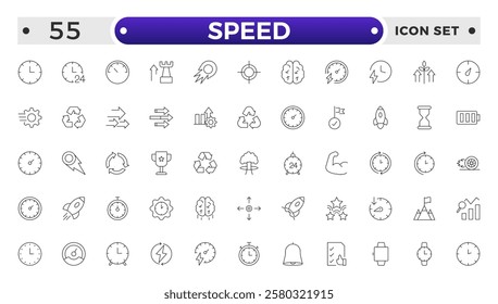 Speed icon set. Containing fast, slow, movement, productivity, indicator, turbo, speeding, gauge, express and speedometer icons. Outline icon collection.
